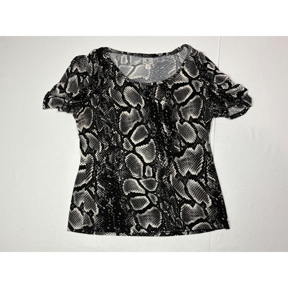 Worthington Stretch Womens Large Snakeskin Print Scoop Neck Puff Sleeve Top Gray